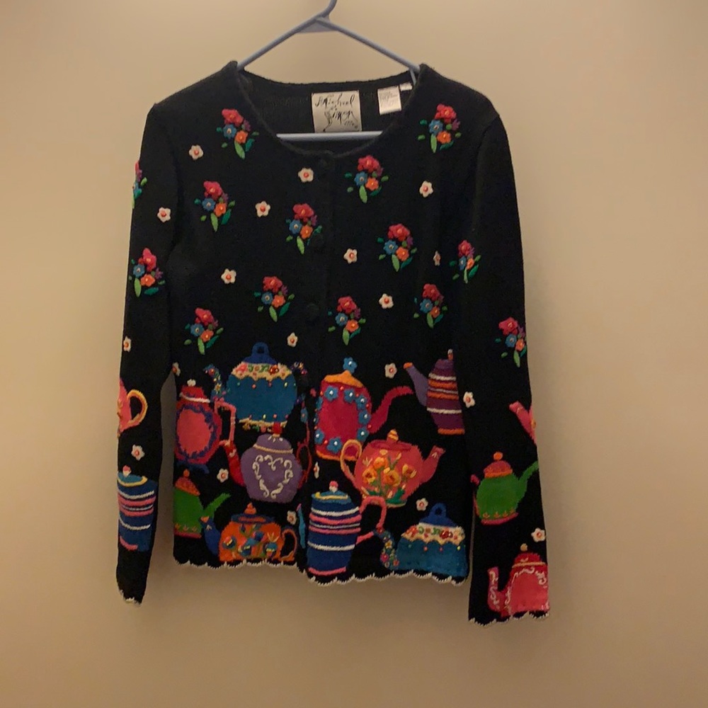 Michael Simon Vintage Teapot Sweater – Kitchen Theme Cardigan Small
